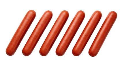 cooked sausages lined up diagonally isolated on transparent background