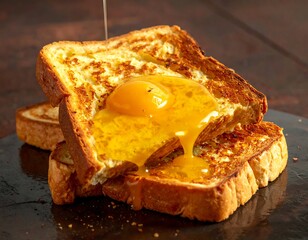 Stack of golden-brown french toast topped with yolk and drizzled with flowing golden syrup