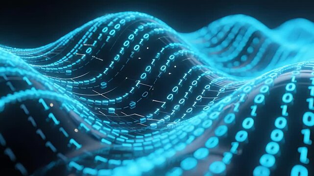 Futuristic digital wave of binary code representing technology and data flow in a vibrant virtual environment.