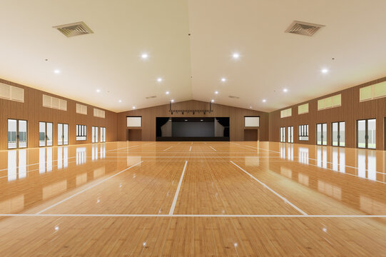 Modern Indoor Gymnasium and Multipurpose Hall Interior with Wooden Floor and Stage 3D Render