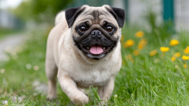 Adorable pug walking on grass with yellow flowers in background