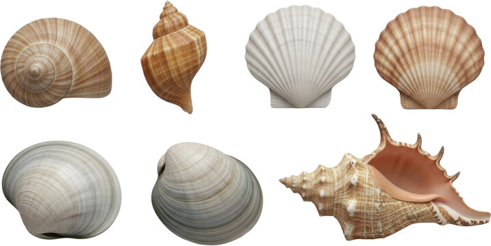 Collection of Various Seashells and Conch Shells.