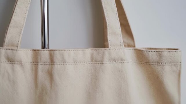 Beige canvas tote bag with stitched seams and handles, vertical stainless steel post in the center