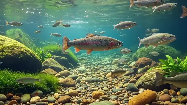 Salmon Swimming in Clear River Water.