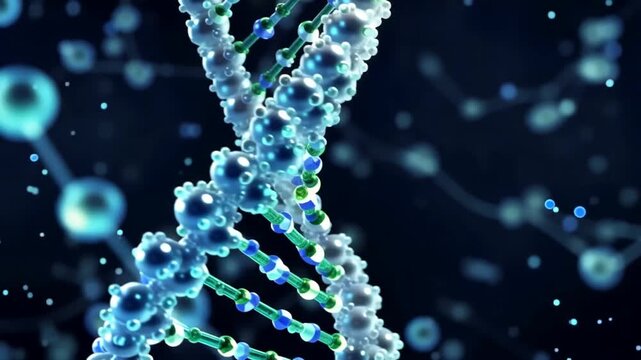 A glowing, double-stranded DNA helix with blue and green hues against a dark background