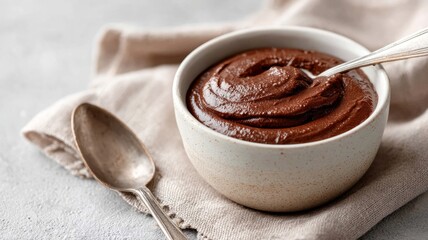 Fototapeta premium Creamy chocolate mousse in ceramic bowl on rustic cloth