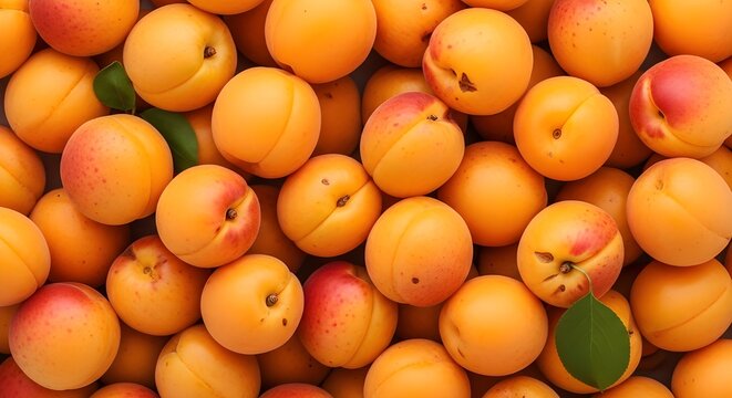 Abundant pile of ripe, juicy apricots with green leaves, showcasing fresh, healthy fruit for healthy eating and summer harvest.