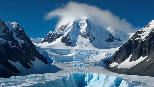 A majestic snow-capped mountain rises behind a vast glacier, with rugged peaks on either side, under a clear blue sky with a wispy cloud