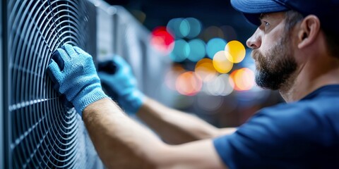 Gloved hands inspecting outdoor AC condenser unit fan