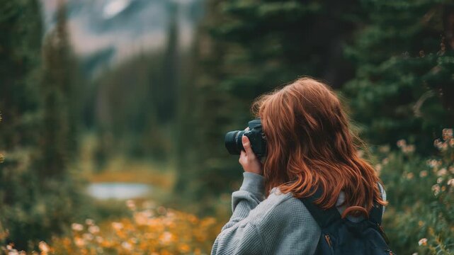 A female photographer explores a scenic forest, surrounded by blooming flowers and tall trees, as she takes pictures. The tranquil environment highlights outdoor adventure and creative inspiration