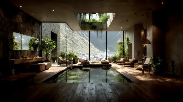 Therapy stress release treatment, health lifestyle. A luxurious indoor swimming pool with a panoramic view of a cityscape. The pool is surrounded by plush sofas and chairs.