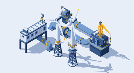 Industrial offshore platform with wind turbines and processing units. © Kancil