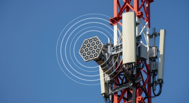 Close up of a cell tower with white antennas and radiating signal waves, representing broadband communication. Internet network technology.