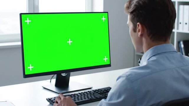 Man working on computer with green screen monitor in modern office with natural lighting for technology template