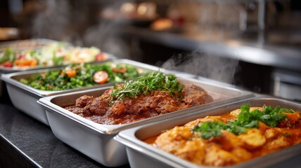 Delicious buffet with various steaming hot dishes in trays