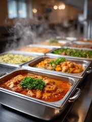 Delicious buffet selection of diverse hot dishes in catering setting