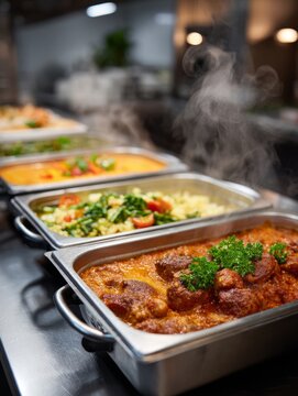 Gourmet buffet with steaming hot dishes in restaurant setting