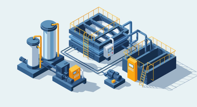 Industrial Water Treatment Plant Equipment Isometric Illustration.