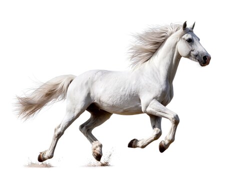 Beautiful white horse galloping isolated on white background