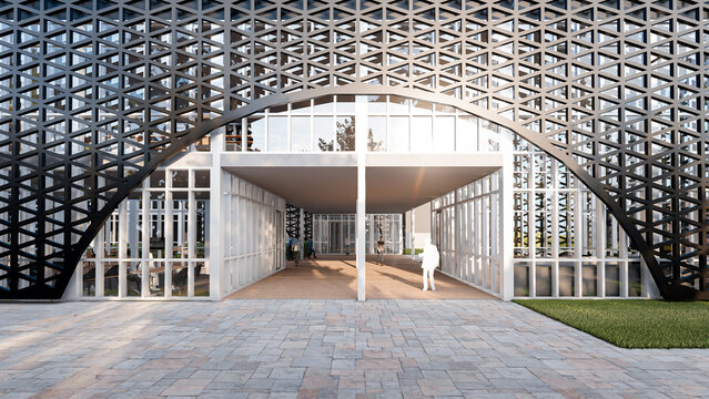 Modern Architectural Design of a Parametric Building Facade with Arched Entrance, 3D Render Illustration