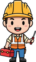 A smiling cartoon builder wearing a construction helmet and holding a wrench and hammer, featuring a young boy as a handyman plumber in a vector illustration