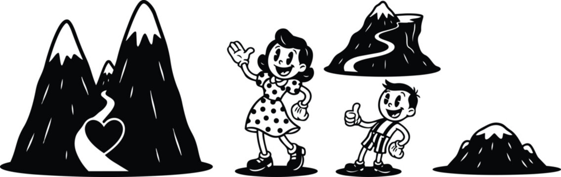 Retro cartoon children waving and smiling walking in front of heart path mountain trio black and white vector art playful