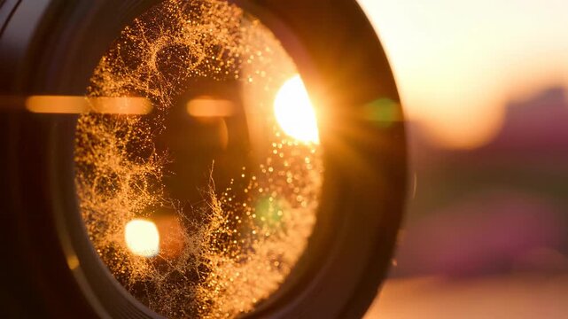 Camera lens capturing sunlight with beautiful bokeh effect. Sunlight reflects in lens creating magical sparkles and soft hues. Concept photography showcasing art of capturing light and moments.