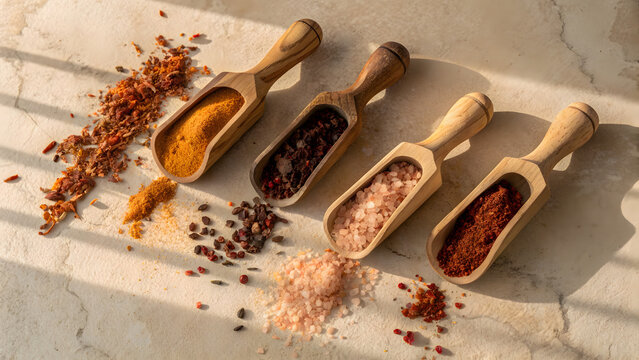 Four wooden scoops of different spices on a beige surface
The image shows four wooden scoops filled with various spices, arranged in a row on a beige surface. The scoops contain what appears to be tur