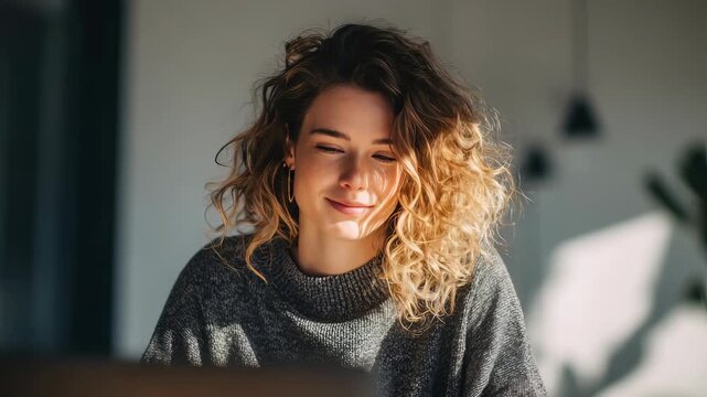 Stylish young woman with natural curls sits at her desk, using laptop in bright, minimalist workspace. Soft morning light highlights her relaxed yet productive mood, ideal for concepts freelancing
