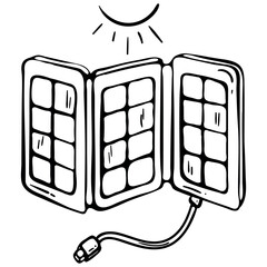 Portable solar panel icon, camping charger device, outdoor power source vector doodle