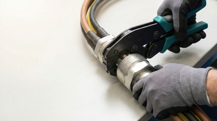 A worker in grey gloves uses a large crimping tool to connect a metal fitting to a heavy-duty armored industrial cable.