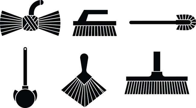 Flat design set of six cleaning brush and broom icons minimalist vector black silhouettes various angles top and side views