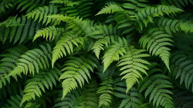 Close up of lush vibrant green fern leaves filling the frame in a peaceful nature setting