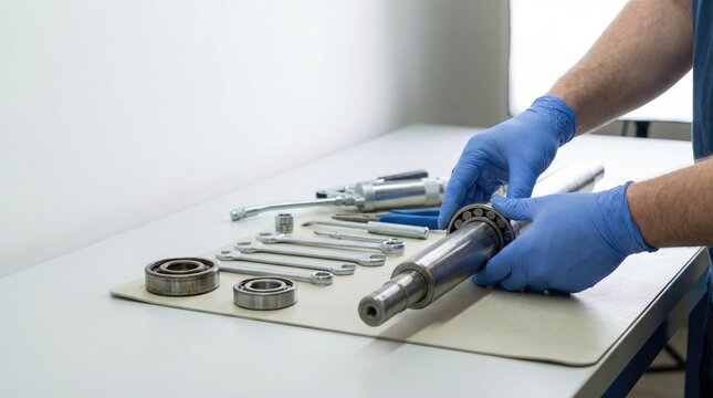 A mechanic in blue gloves inspects a metal shaft and bearings on a workbench with various wrenches and tools laid out for repair.