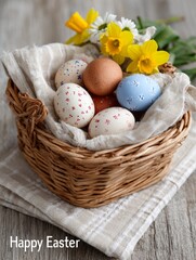Fototapeta premium Easter eggs in wicker basket with spring flowers on wooden table
