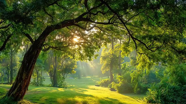 A serene forest scene with sunlight filtering through trees, evoking peace and tranquility, perfect for nature-themed content.