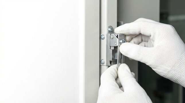 A worker's hands in white gloves installing or adjusting a metal latch or lock mechanism on a metal cabinet door with a tool.