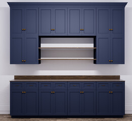 Fototapeta premium Modern Navy Blue Shaker Kitchen Cabinets with Marble Countertop and Wood Shelving, 3D Render