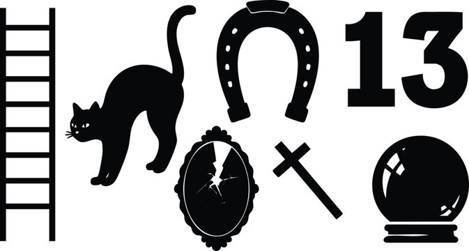 Flat design superstition icon set with black cat arched posture cracked mirror crystal ball ladder horseshoe number thirteen silhouette