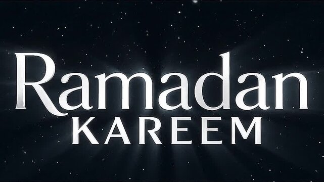Elegant Ramadan Kareem silver typography glowing against starry midnight sky, celestial light rays, cinematic Islamic greeting design with metallic texture.
