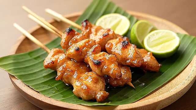 Glossy grilled chicken satay skewers on banana leaf with lime halves, rustic wooden plate, warm appetizing close-up food photography scene.