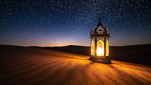 Ornate Moroccan lantern glowing on desert sand at night under starry sky, warm amber light, cinematic mystical long-exposure nightscape photography.