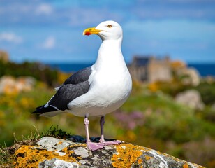 Naklejka premium Standing gull with white head and body, black wings, on rock in nature