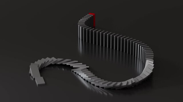 Dark dominoes falling in a chain reaction on a black background, representing cause and effect. 3d rendering