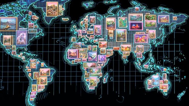 World map outlined with neon, artwork displayed within each region on dark grid background