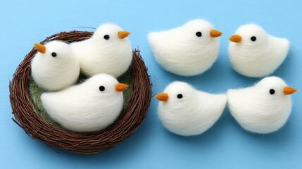 Fototapeta premium Handmade white felt birds and a nest on a blue background, showcasing a charming and whimsical craft scene.
