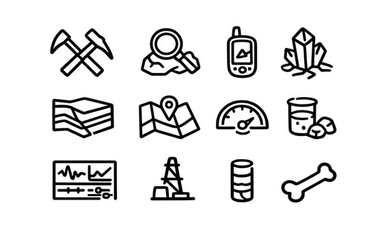 Geology and mining exploration line icon set featuring tools equipment and earth science symbols on white background