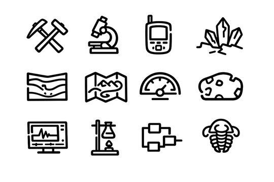 Geology and paleontology line icon set featuring tools like pickaxe microscope crystals map soil layers and trilobite fossil for earth