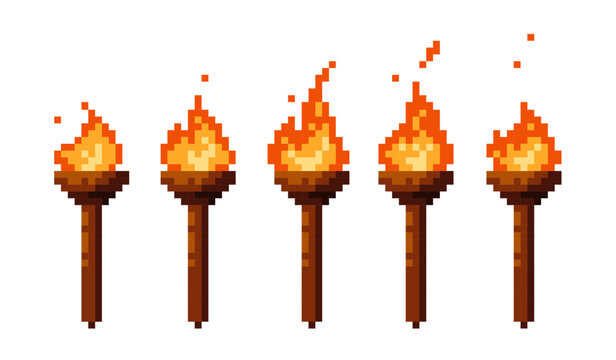Pixel torch animation set. Pixelated fire flame in retro style for 8 bit arcade game