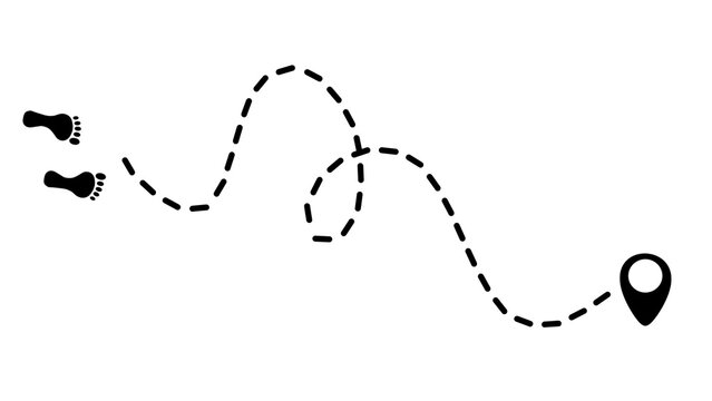 Human footprints on a dashed line path to a final waypoint pin. Winding path marked by dotted lines and stylized footprints. Concept of a journey, route or tracking movement to a final destination.